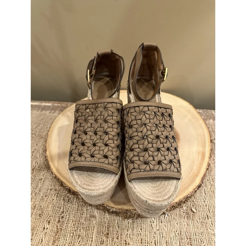 Tory Burch Basketweave‎ Espadrille Wedge Platform Sandal Sz-8 Almond Flour $348